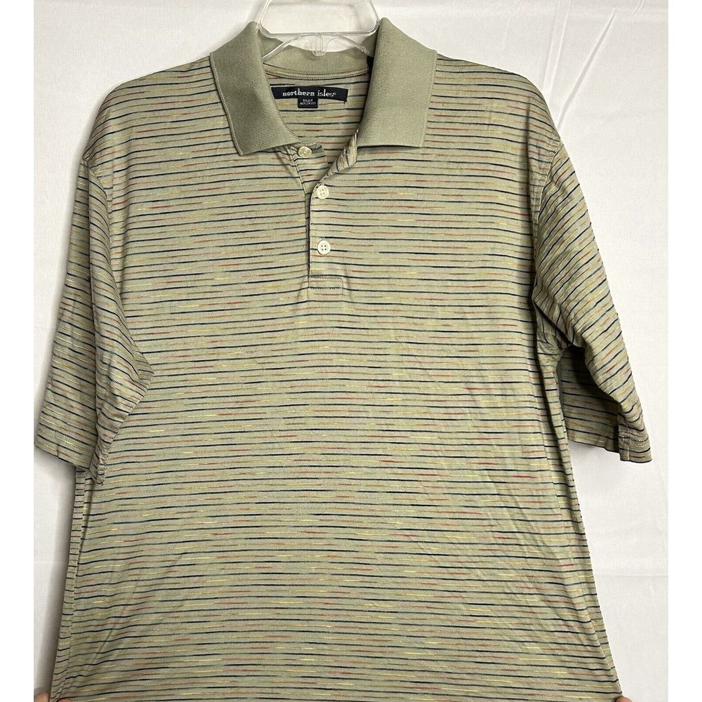 Northern Isles‎ Double Mercerized 1/2 Sleeve Golf Polo Shirt Mens M Tan Stripe - Picture 2 of 5